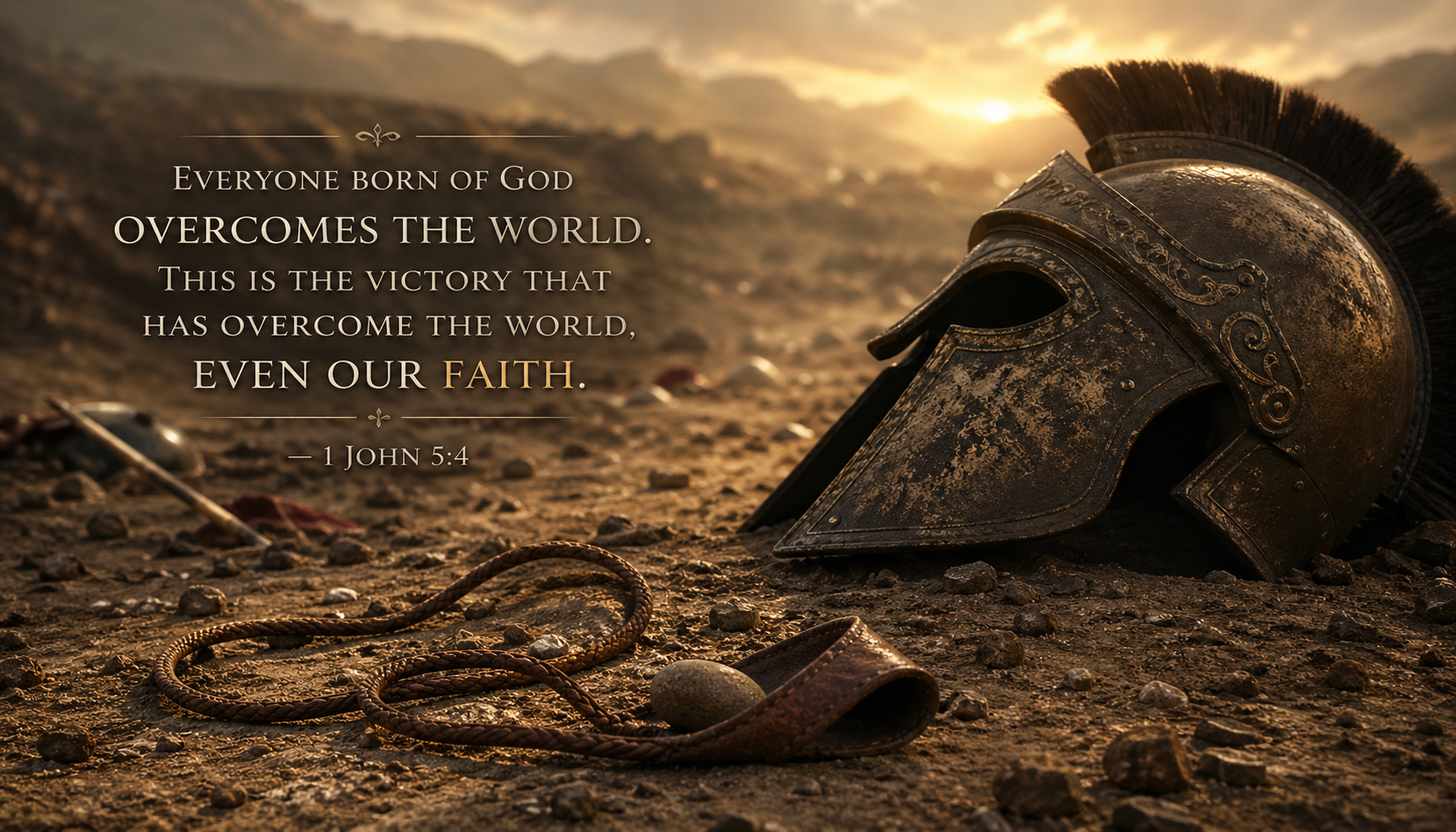 David's sling lying on dusty ground next to a fallen giant's helmet with 1 John 5:4 verse about faith overcoming the world